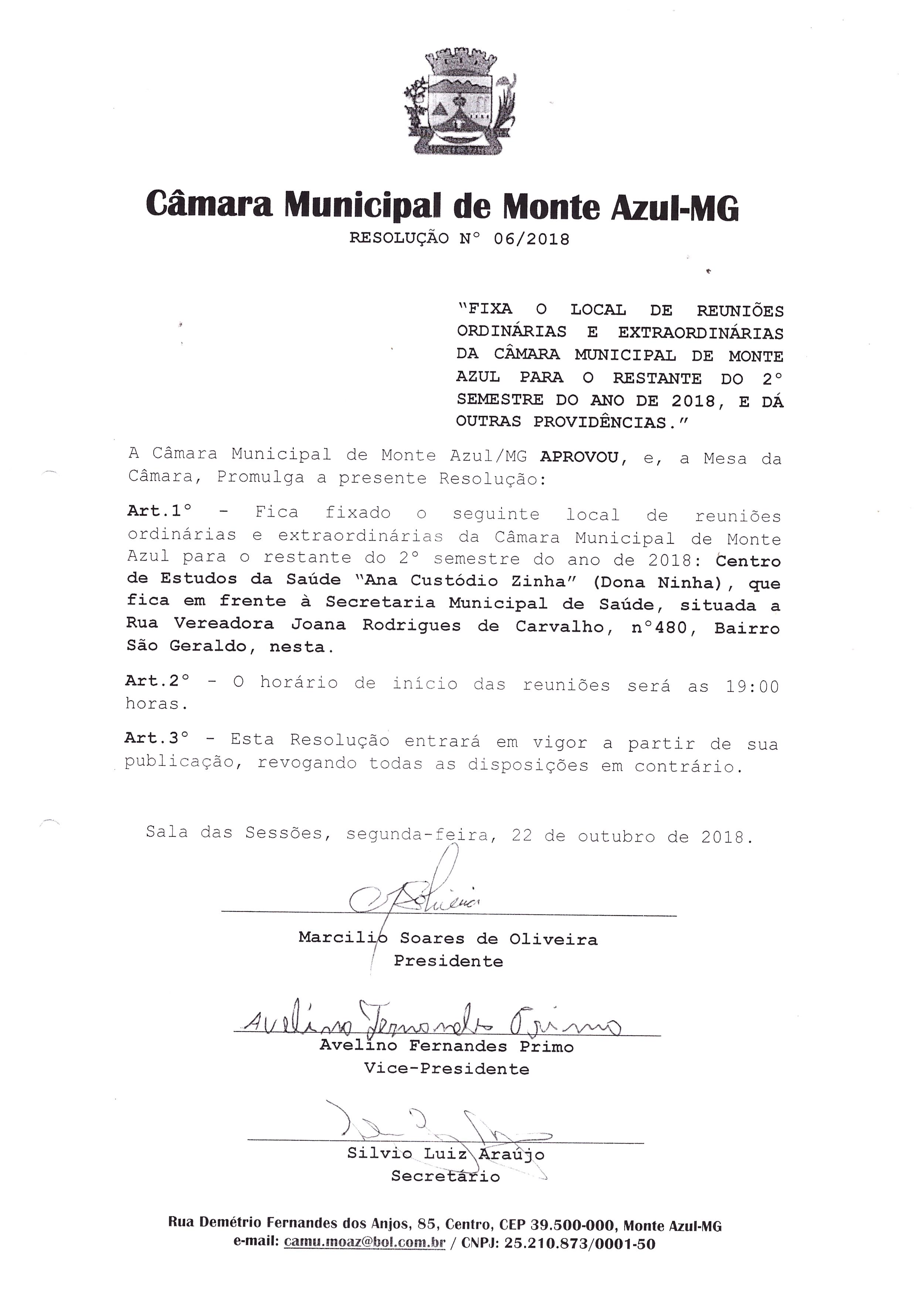 Câmara Municipal de Monte Azul - MG, fixa o local de Reunições Ordinárias & Extraordinárias