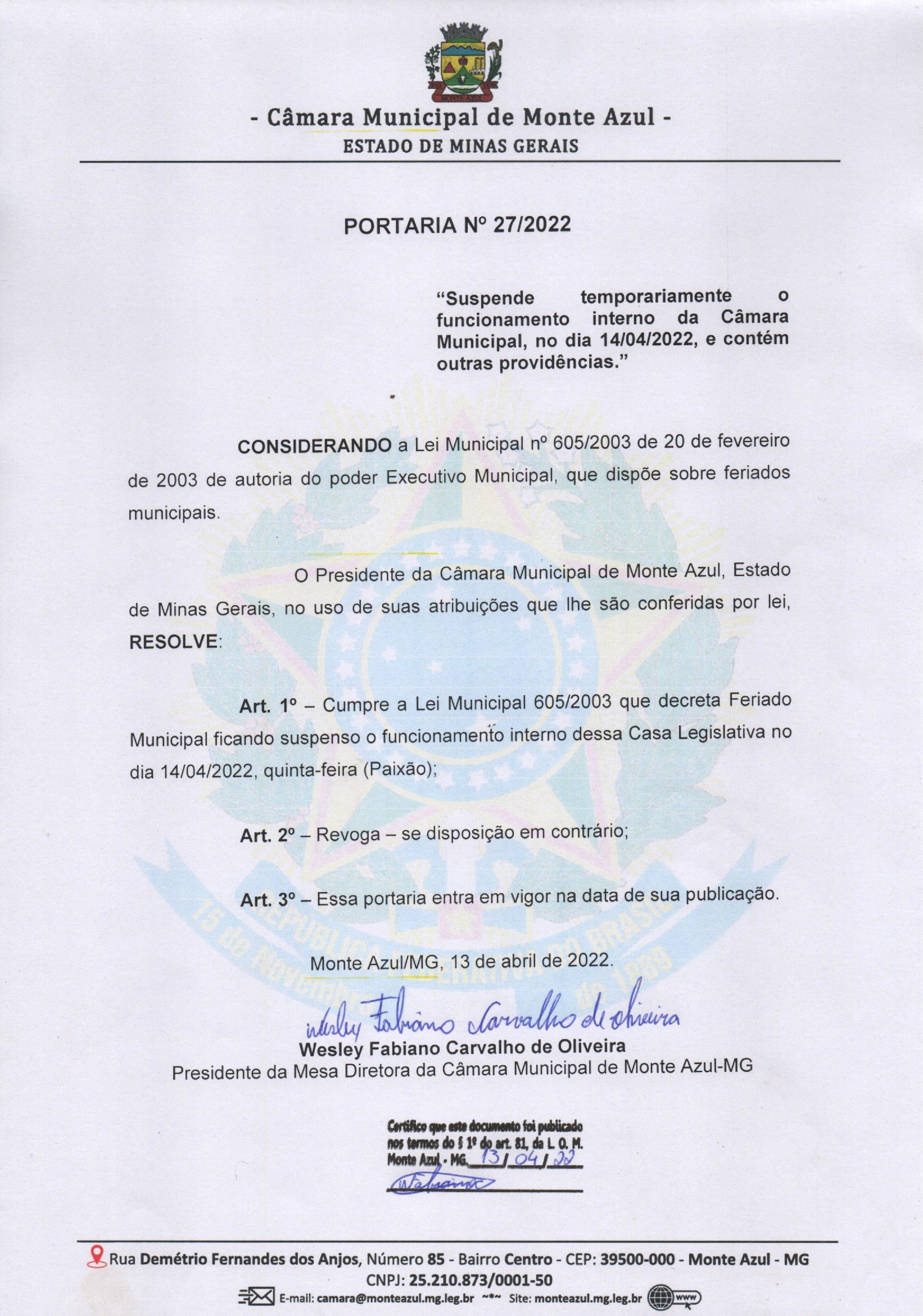 Portaria 27 de 2.022 - Suspende temporariamente o funcionamento