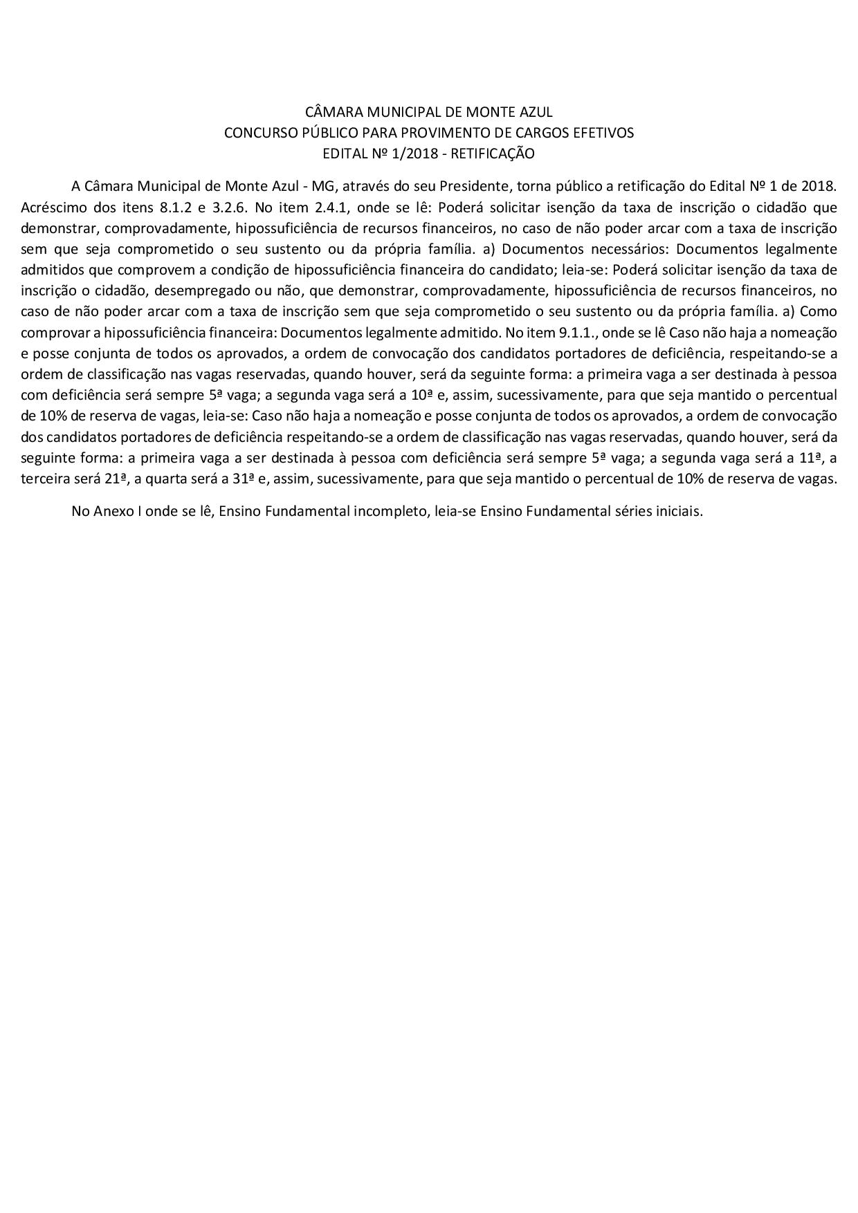 Retificação - Edital 1/2018 - Concurso Público para Provimento de Cargos Efetivos da Câmara Municipal de Monte Azul - MG